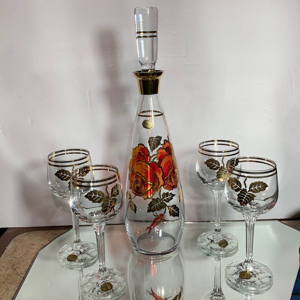 Vintage Czechoslovakian Glass Decanter Set